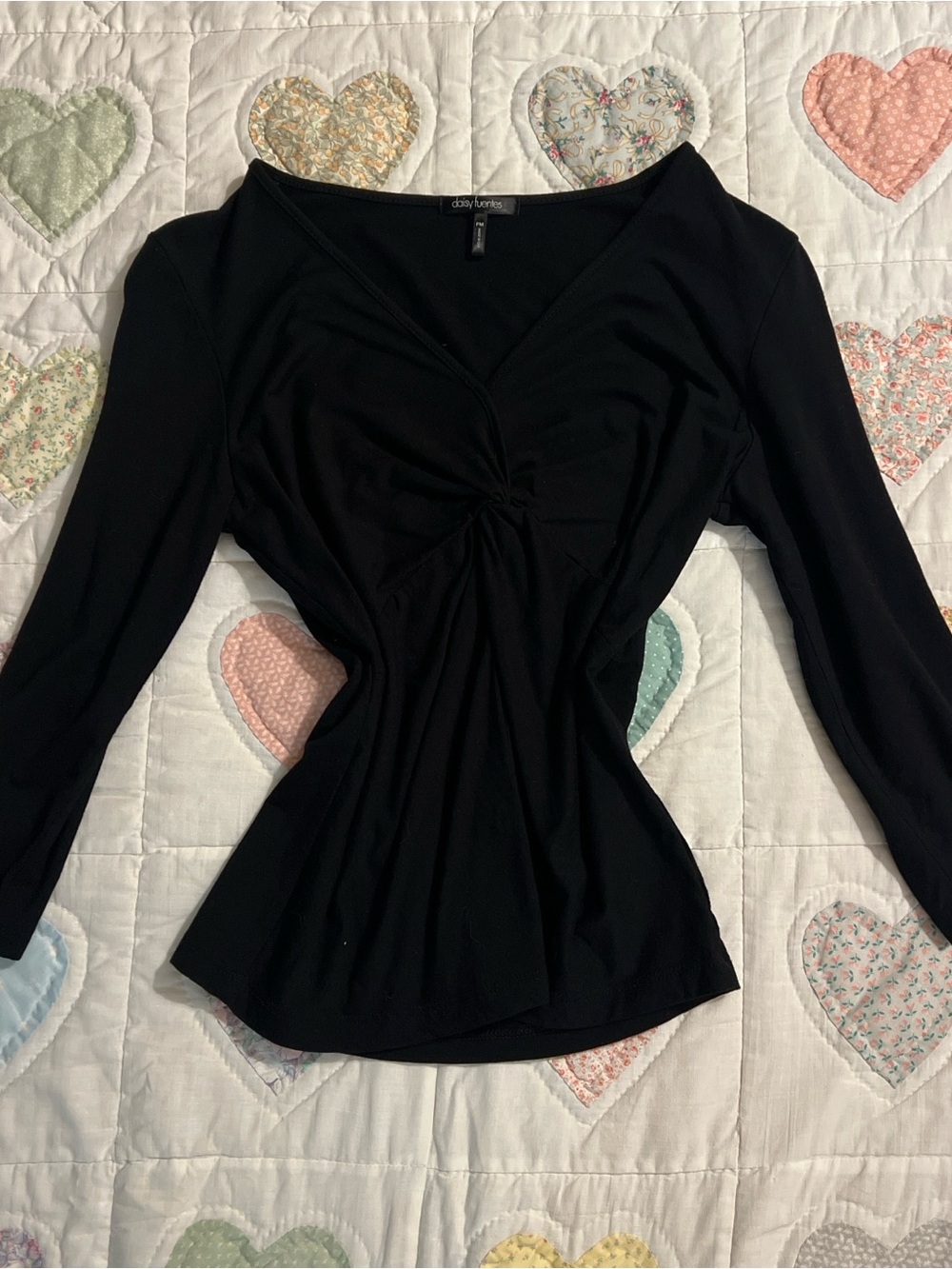 Daisy Fuentes Dark Academia Soft Romance Black 3/4 Sleeve Top Knot Front Size PM